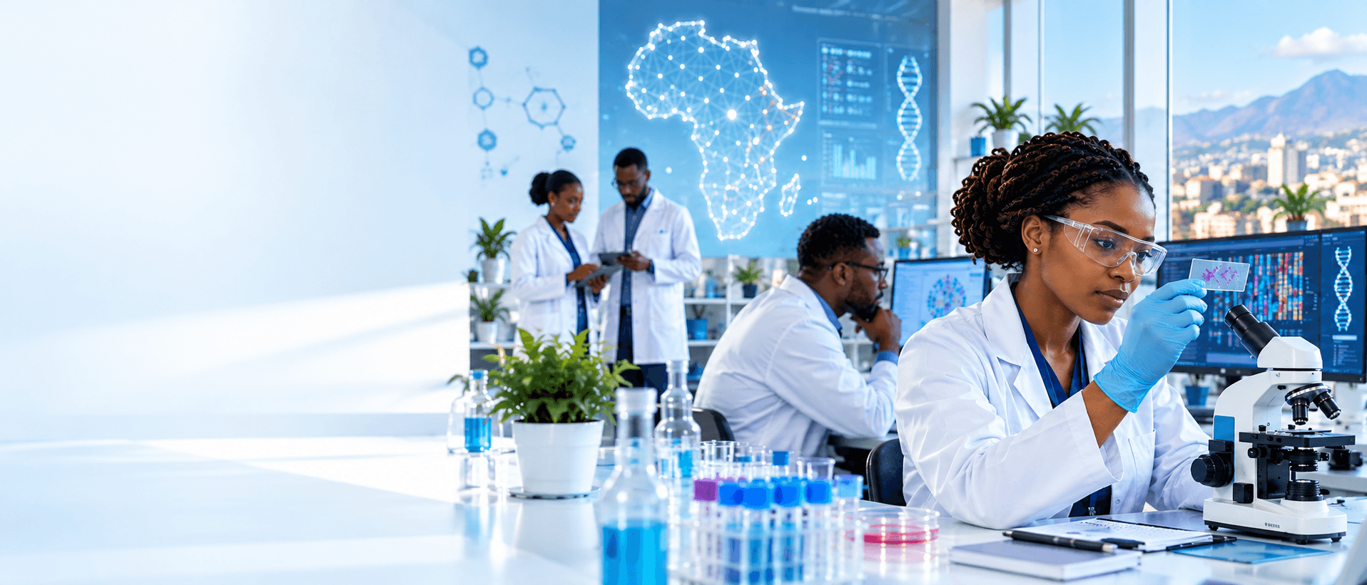 African scientists collaborating in a cancer genomics laboratory