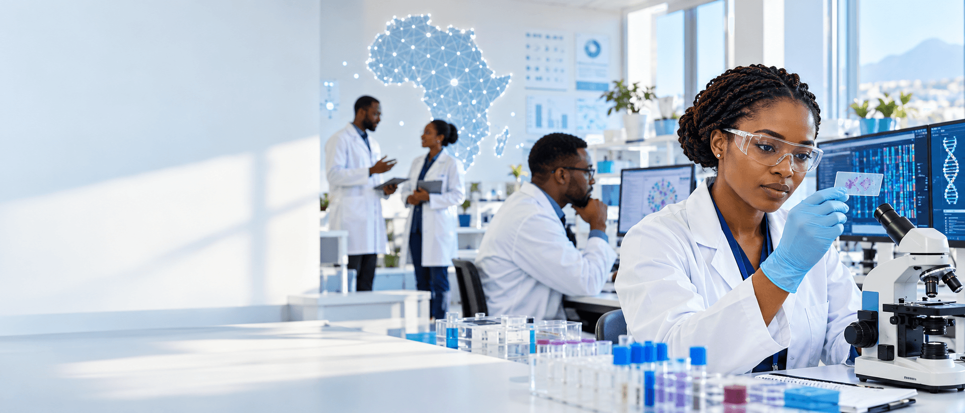 African cancer researchers working with genomic data in a modern laboratory